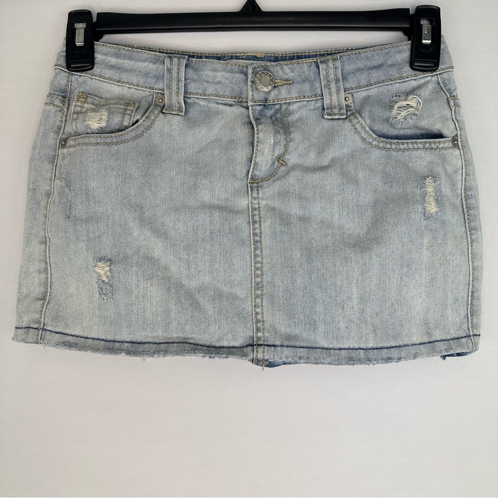 SO Women's Distressed Light Wash Denim Mini Skirt